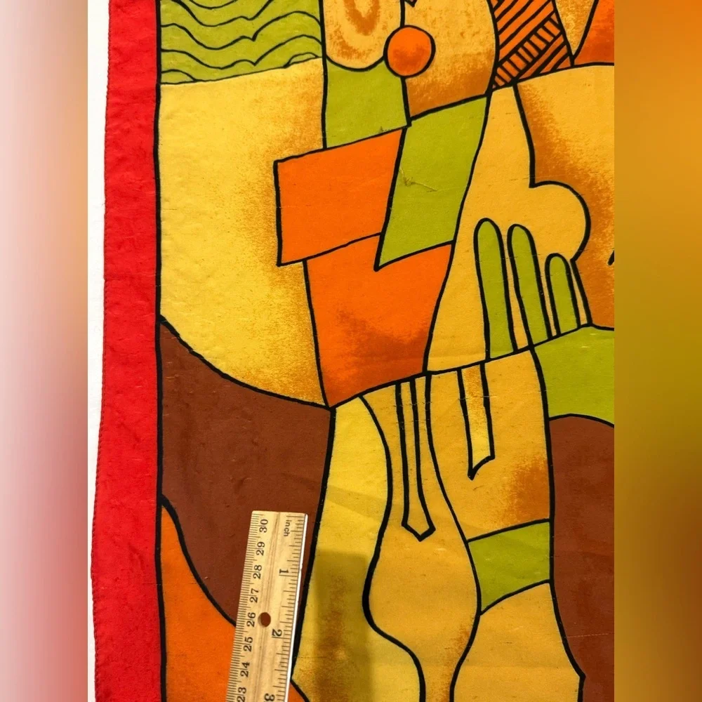 Picasso Style Art Scarf 33x35 Abstract Print Red Border Boho Wrap